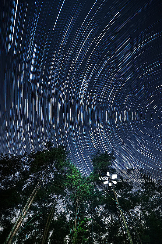 星星轨迹与银河和背景森林图片素材