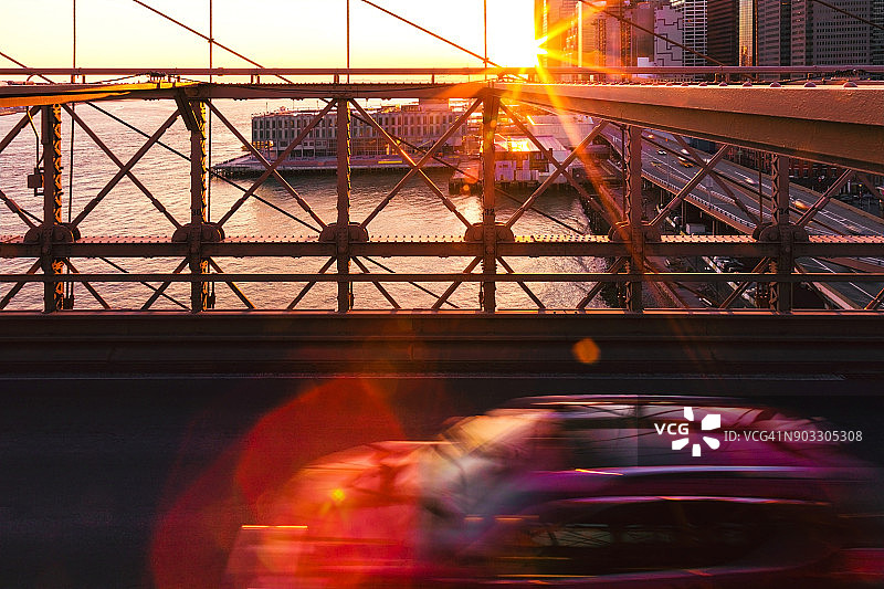 纽约布鲁克林大桥上的日落景观图片素材