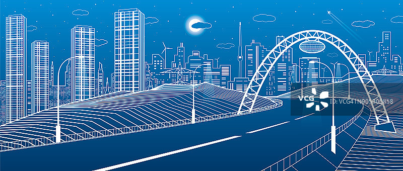 桥下高速公路。现代的夜城，霓虹之城。基础设施插图，城市场景。蓝色背景上的白线。矢量设计艺术图片素材