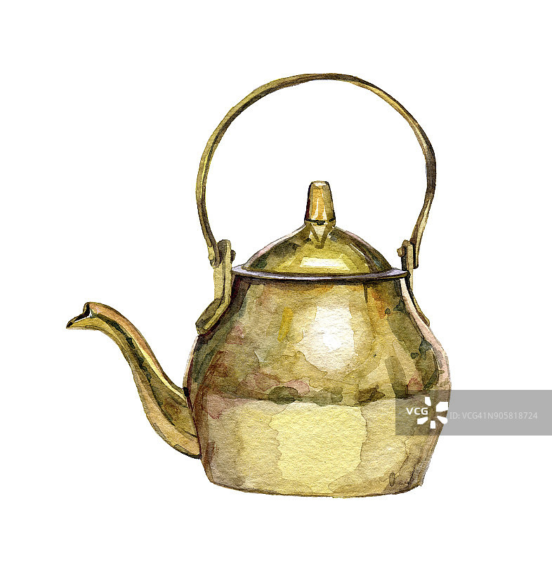 手绘水彩古董茶壶在白色的背景图片素材