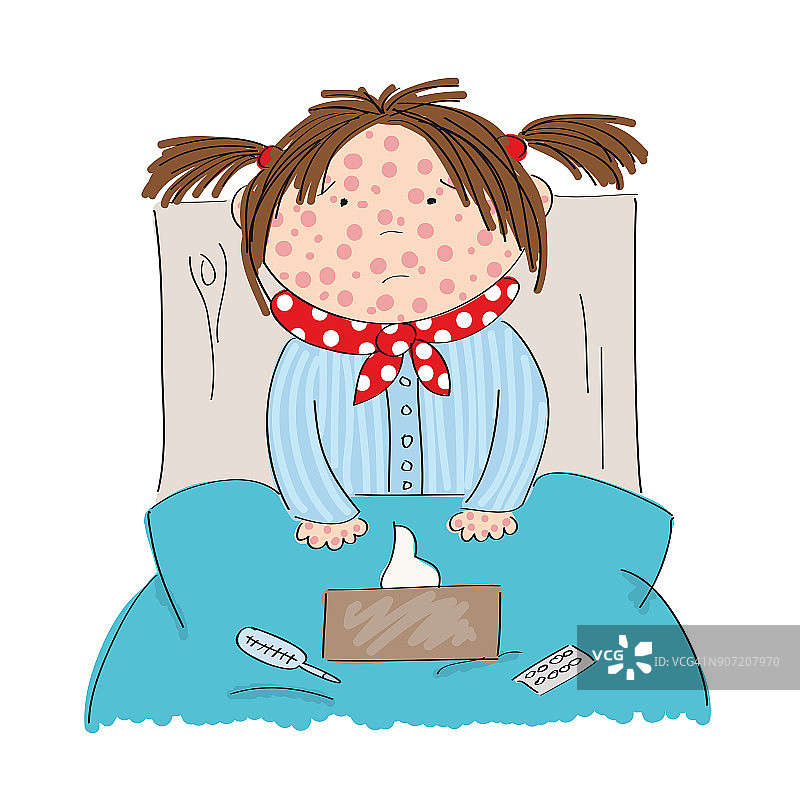 生病的女孩患有水痘、麻疹、风疹或皮疹，坐在床上用药、体温计和纸手绢在毯子上-原始手绘插图图片素材