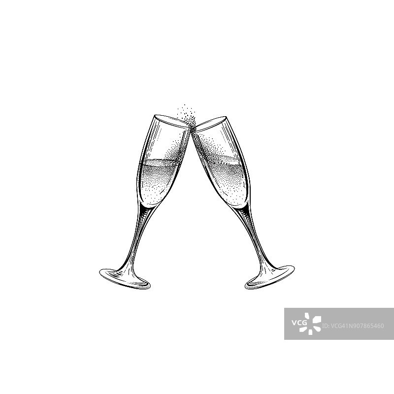 喝香槟的迹象。圣诞派对图标与叮当作响的葡萄酒gl图片素材