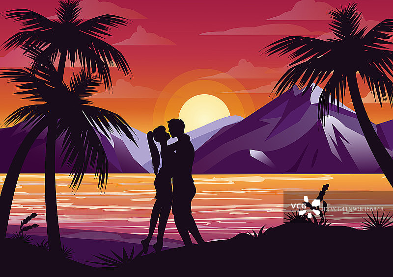 矢量插图接吻夫妇剪影在海滩上的棕榈树在日落的背景和山在平的风格。图片素材