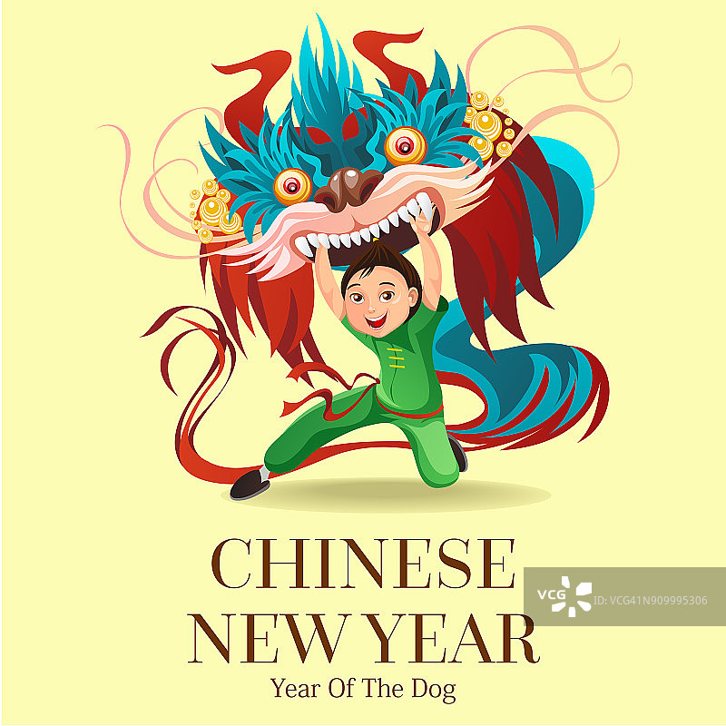 中国农历新年舞狮搏击孤立背景，快乐的舞者在中国传统服装手持五颜六色的龙面具游行或狂欢节，卡通风格矢量插图图片素材