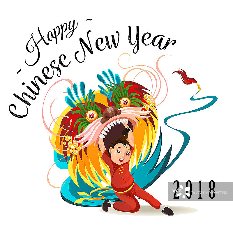 中国农历新年舞狮大战孤立在白色背景下，快乐的舞者在中国传统服装手持五颜六色的龙面具在游行或狂欢节，卡通风格矢量插图图片素材