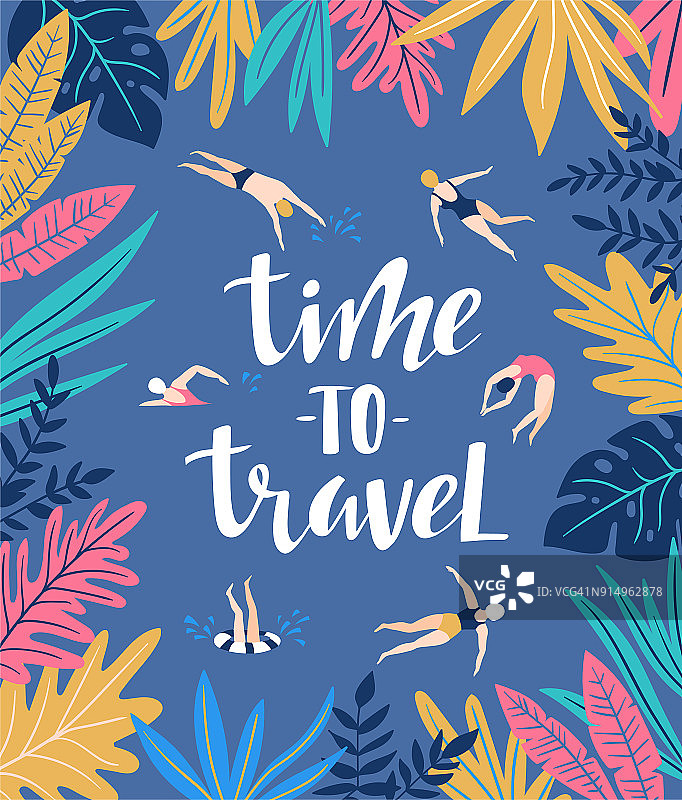 矢量框架在斯堪的纳维亚风格与热带树叶和游泳者。手绘海报在橙色，粉色和蓝色的颜色与字母-时间旅行。图片素材