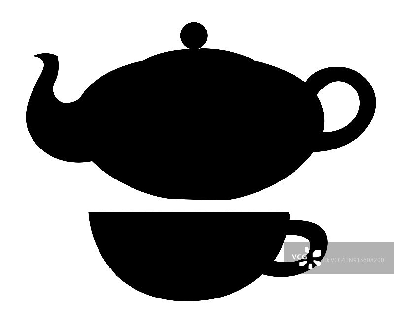 茶壶和杯子的图标。茶的象征。平面矢量插图，轮廓孤立在白色背景。图片素材
