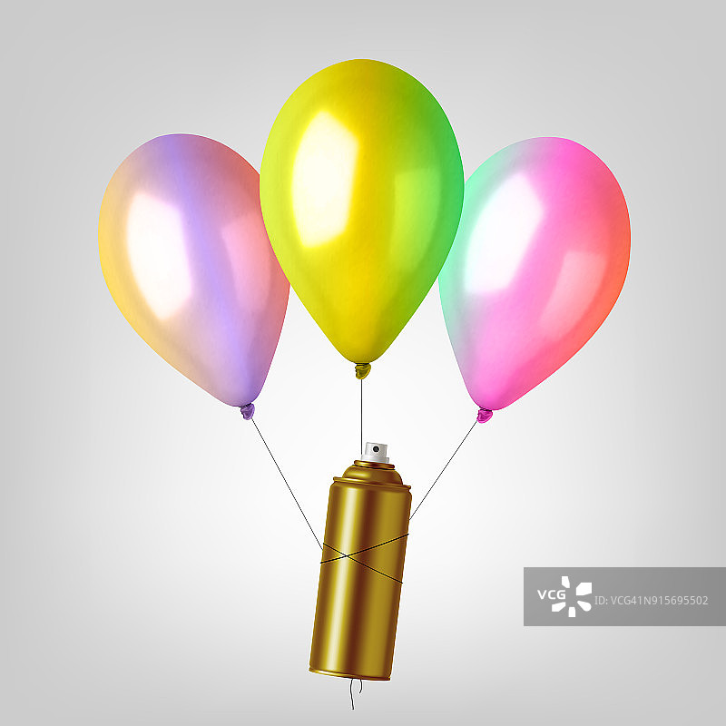 3d逼真的彩色气球集。假日插图飞行光滑的气球与喷雾罐。图片素材