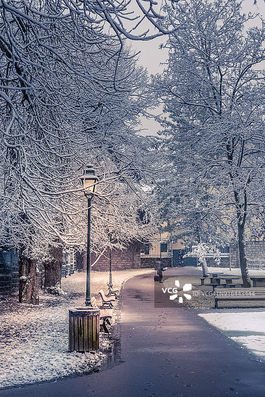 冬天的风景在法国的城市花园降雪期间。图片素材