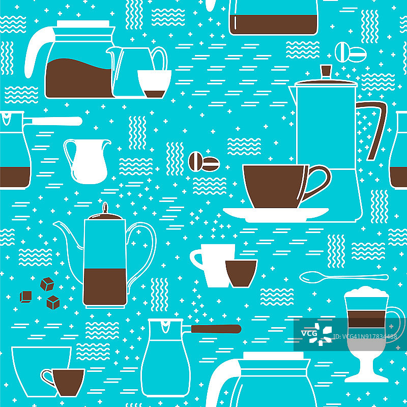 矢量无缝背景与图标。咖啡杯，牛奶壶，豆子，勺子，咖啡壶，方糖。现代的线条样式。图片素材