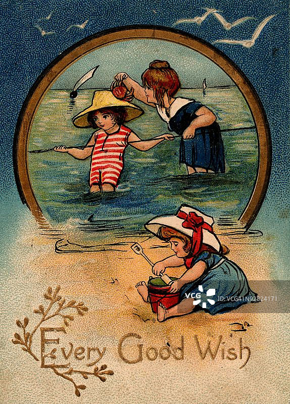 描绘海边孩子的贺卡图片素材