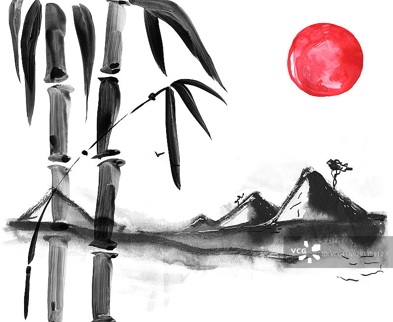 日式竹子。水彩手绘插画图片素材