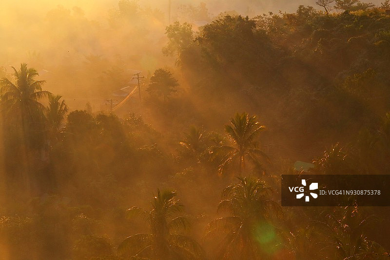 日落引人注目的蓝色，橙色，黄色，红色的天空和森林的剪影在缅甸若开邦图片素材