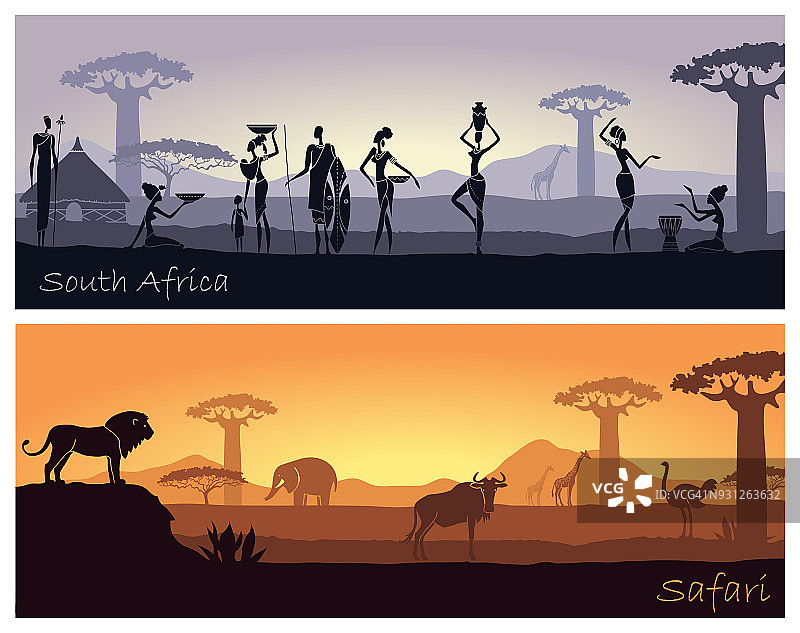 有人和动物的非洲景观图片素材