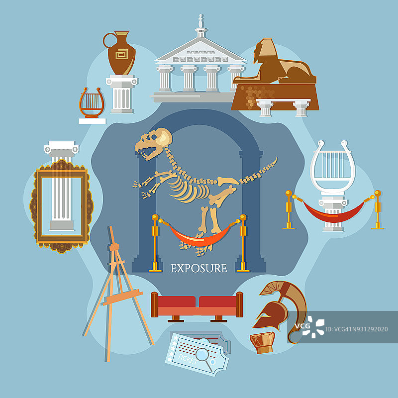 考古博物馆的古代和自然科学，阐述了古代文明的平面概念图片素材