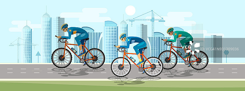 职业比赛旗帜上的一组自行车手。自行车赛的人骑自行车的人在公路上运动的背景图片素材