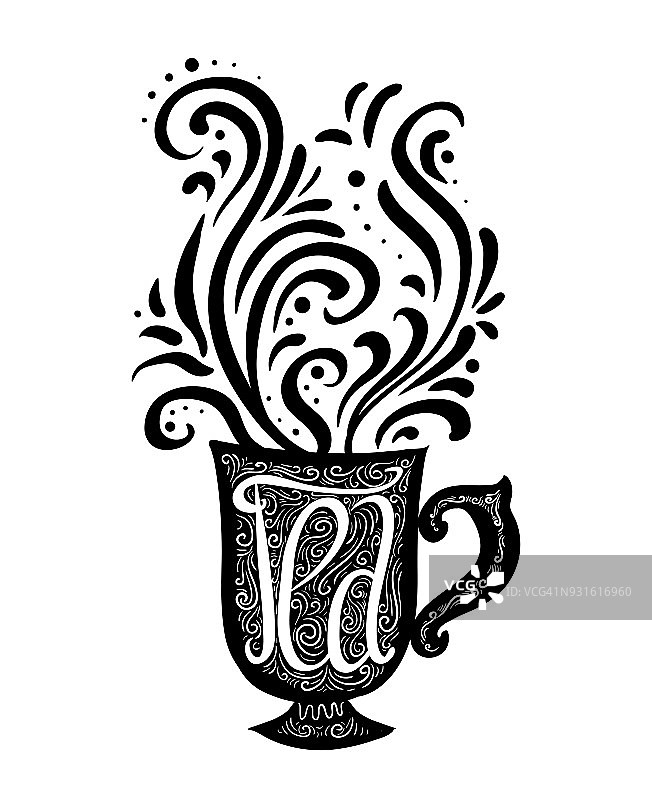 手绘插图与一个字母和一杯茶和蒸汽与图案。图片素材