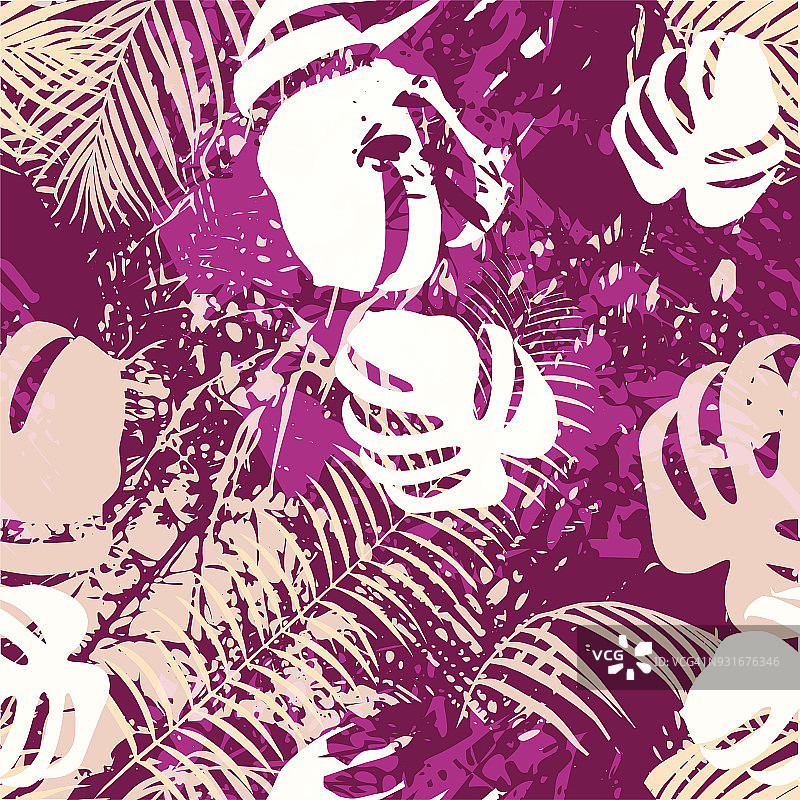无缝图案的垃圾摇滚风格与热带叶在现代紫罗兰颜色图片素材