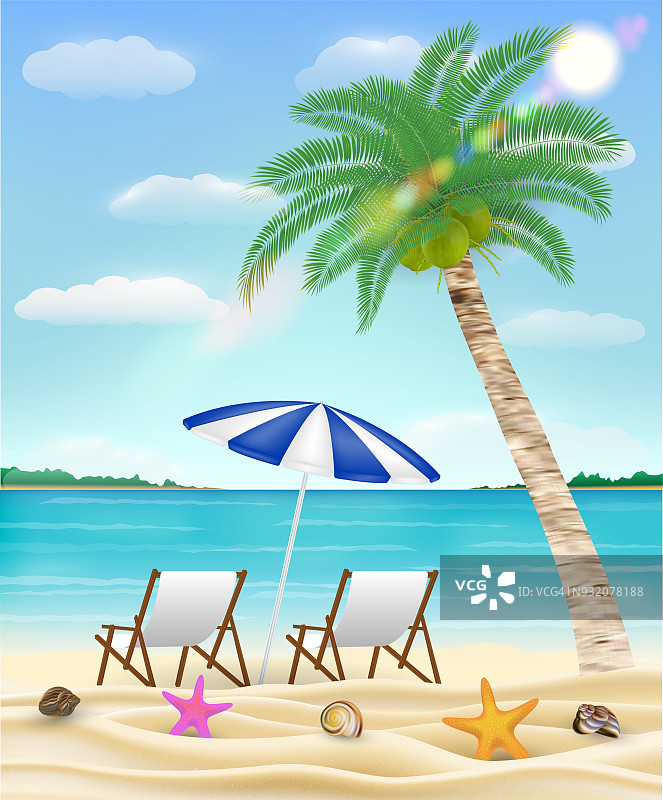 沙滩上有椰子树的放松椅图片素材