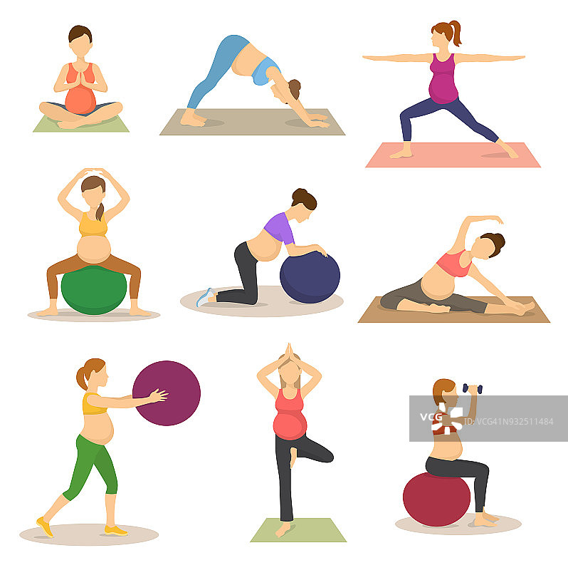 健身怀孕向量孕妇性格做瑜伽或运动与fitball插图套孕妇与大肚子在运动健身房孤立的白色背景图片素材