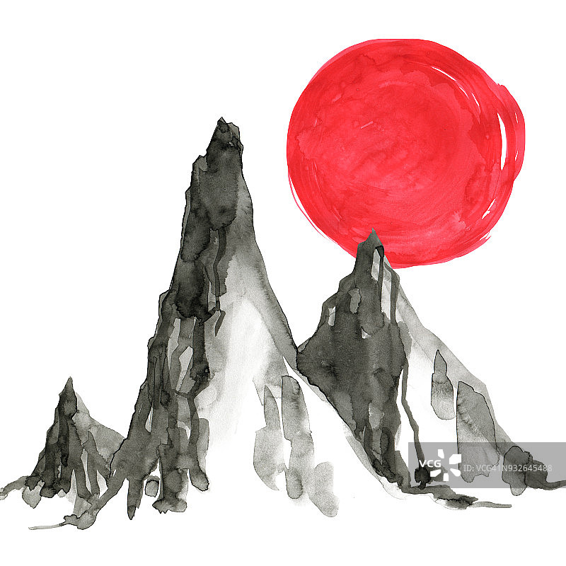 日本风格的山。水彩手绘插画图片素材