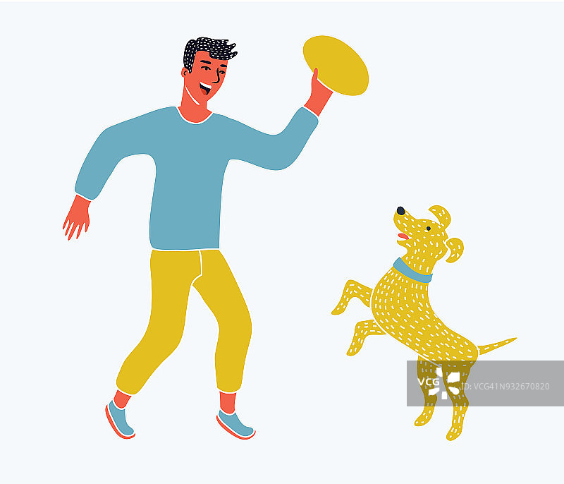 一个男孩和他的宠物狗跑步的插图图片素材