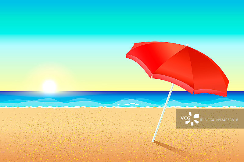 美丽的海滩向量。海岸的日落或黎明。沙滩上有一把红色的雨伞。太阳在海上落下。传单的背景，传单，沙滩派对的邀请函。夏季横幅背景图片素材