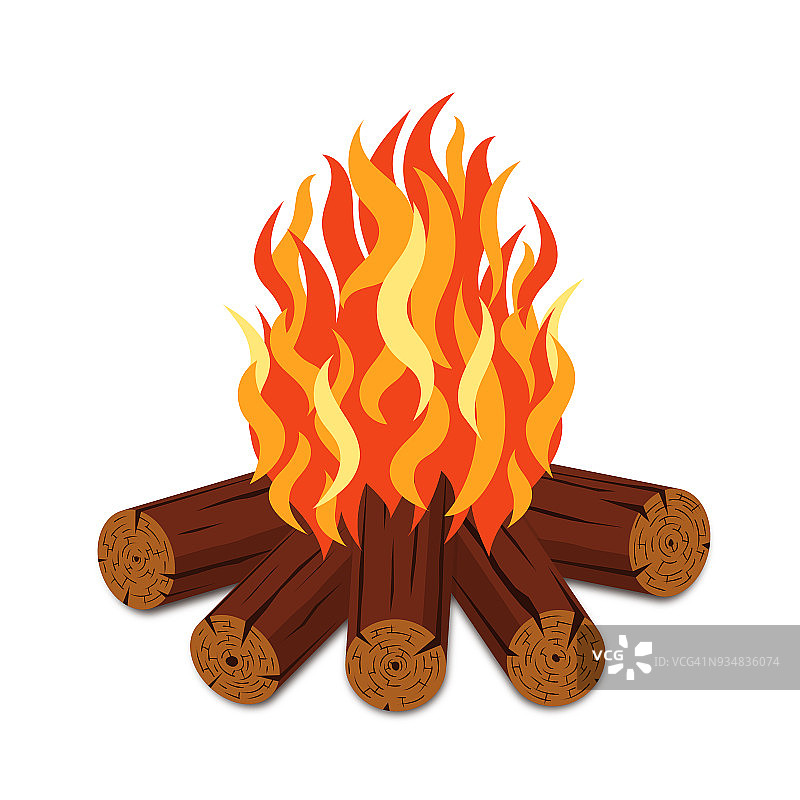 篝火与柴火和火焰火炬卡通风格。篝火与木头堆孤立的白色背景图片素材