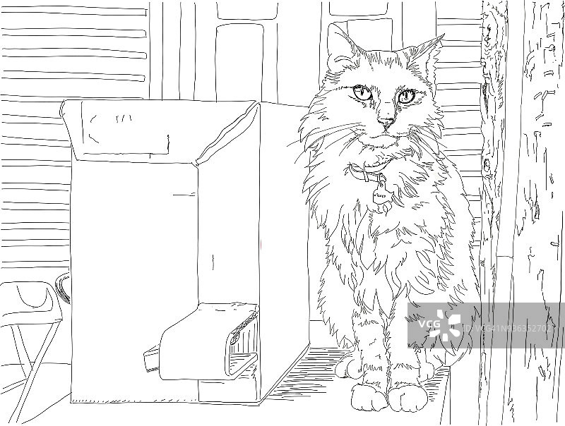 矢量插图。漂亮的猫坐在报摊上。黑色和白色。图片素材
