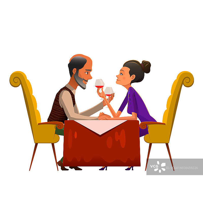 浪漫的情侣在咖啡馆喝葡萄酒。在浪漫的咖啡馆里，一对成熟的幸福夫妇看着对方，喝着酒。图片素材