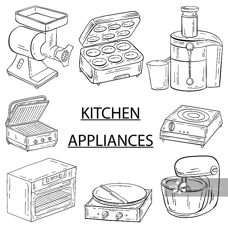 厨房、咖啡馆和餐厅的家用电器。矢量插图在手绘图形图片素材