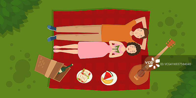 成年夫妇男人和女人在夏天野餐烧烤户外浪漫的夏天野餐食物矢量插图图片素材
