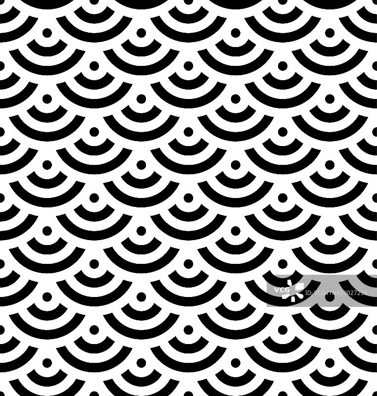 黑色鱼鳞背景为同心圆。抽象的无缝图案看起来像海浪。矢量图图片素材
