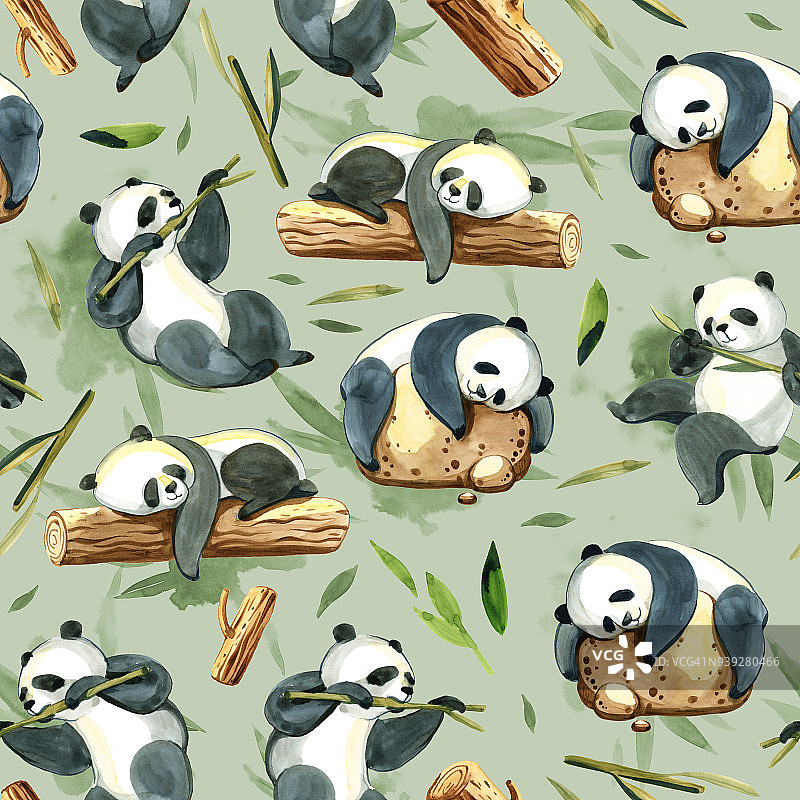 水彩插图上的绿色背景。黑白熊猫、石头、绿色飞溅和树叶无缝图案图片素材
