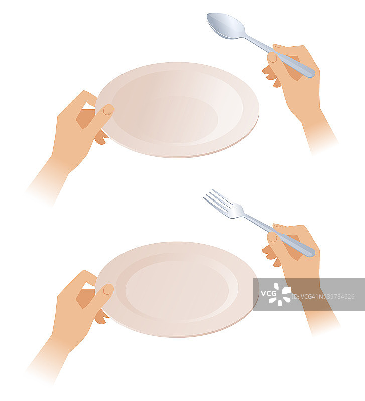 平面等距插图的手持有空盘子，勺子，叉子。图片素材
