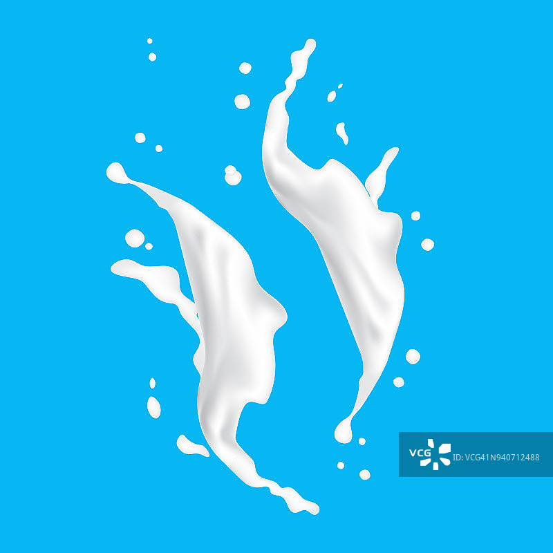 3d牛奶飞溅滴在蓝色的背景。奶油酸奶喷溅设计元素。图片素材