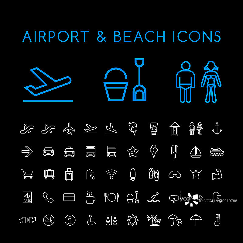 50最小细线白色机场和海滩图标在黑色背景。孤立的向量元素图片素材