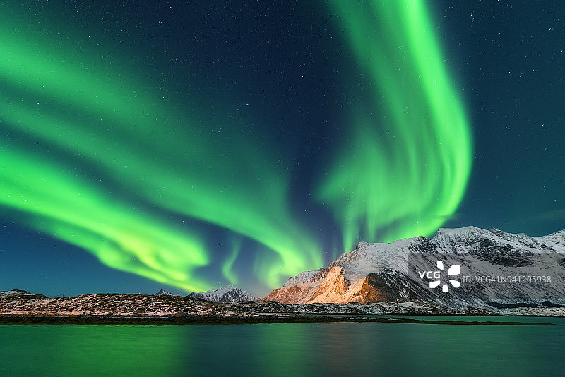 北极光。罗弗敦群岛,挪威。极光。绿色的北极光。星空与极地光。夜晚冬季景观与极光，海与天空反射和雪山。大自然。旅行图片素材