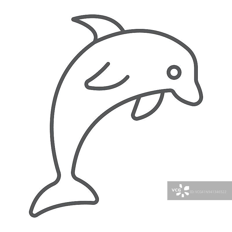海豚细线图标，动物和水下，水生符号矢量图形，白色背景上的线性图案，eps 10。图片素材