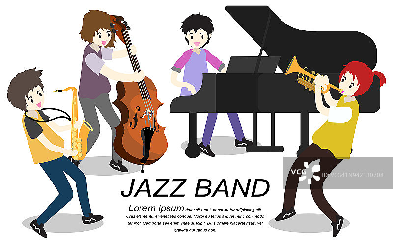 爵士乐队，演奏小号，贝斯手，钢琴，萨克斯管。爵士乐队。矢量插图孤立在背景卡通风格图片素材