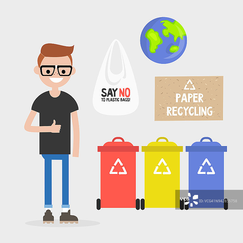 生态。废物回收利用。纸张、塑料和玻璃。地球日。平面可编辑矢量插图，剪辑艺术图片素材