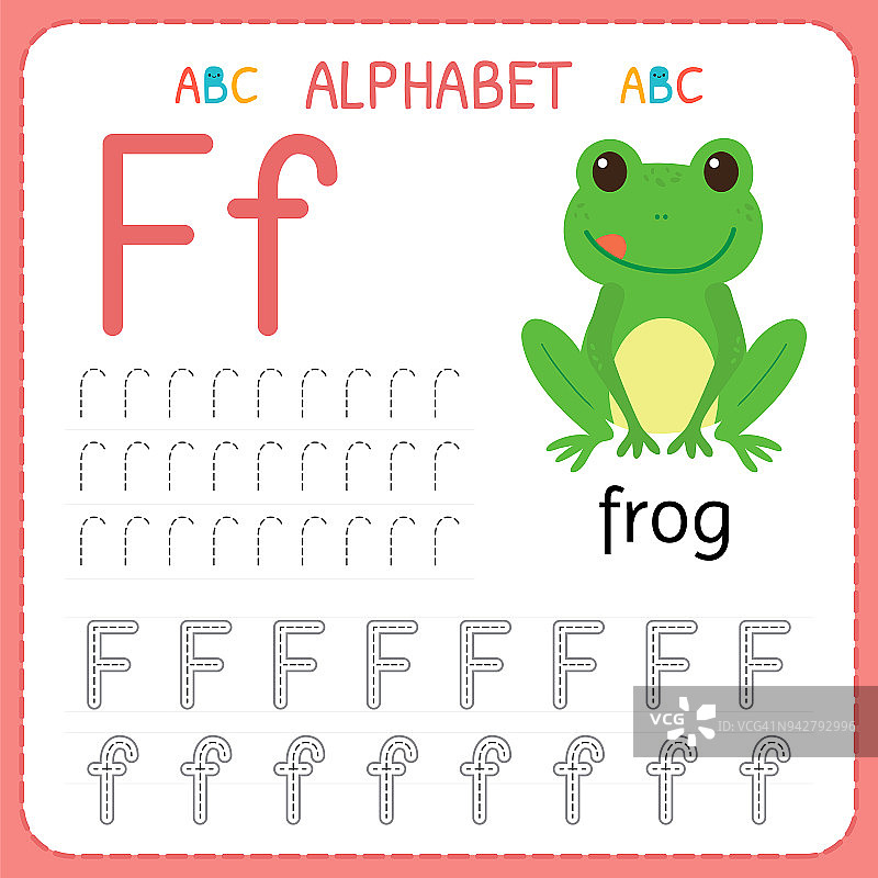 学龄前和幼儿园的字母追踪工作表。写字母f的练习图片素材