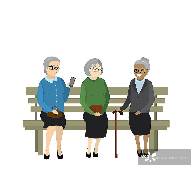 来自不同文化背景的老奶奶们正坐在长凳上图片素材