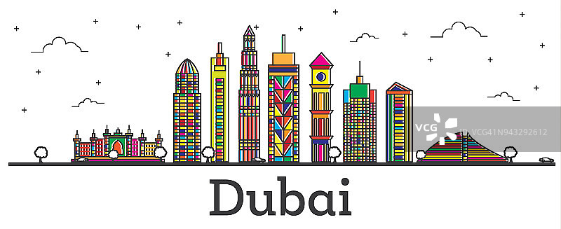 轮廓迪拜阿联酋城市天际线与彩色建筑隔离在白色。图片素材