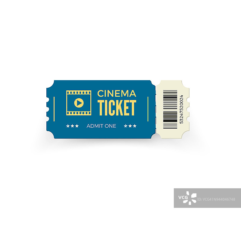 蓝色电影票孤立在白色背景上。逼真的电影票模板。矢量图图片素材