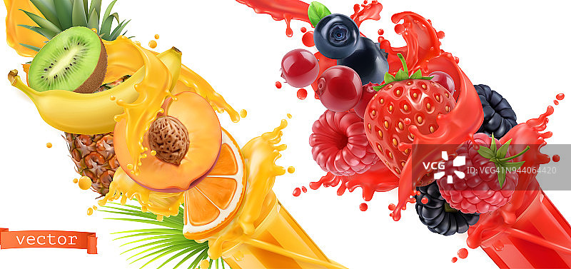 水果破裂。飞溅的汁。甜美的热带水果和混合森林浆果。3d现实的矢量图标集图片素材
