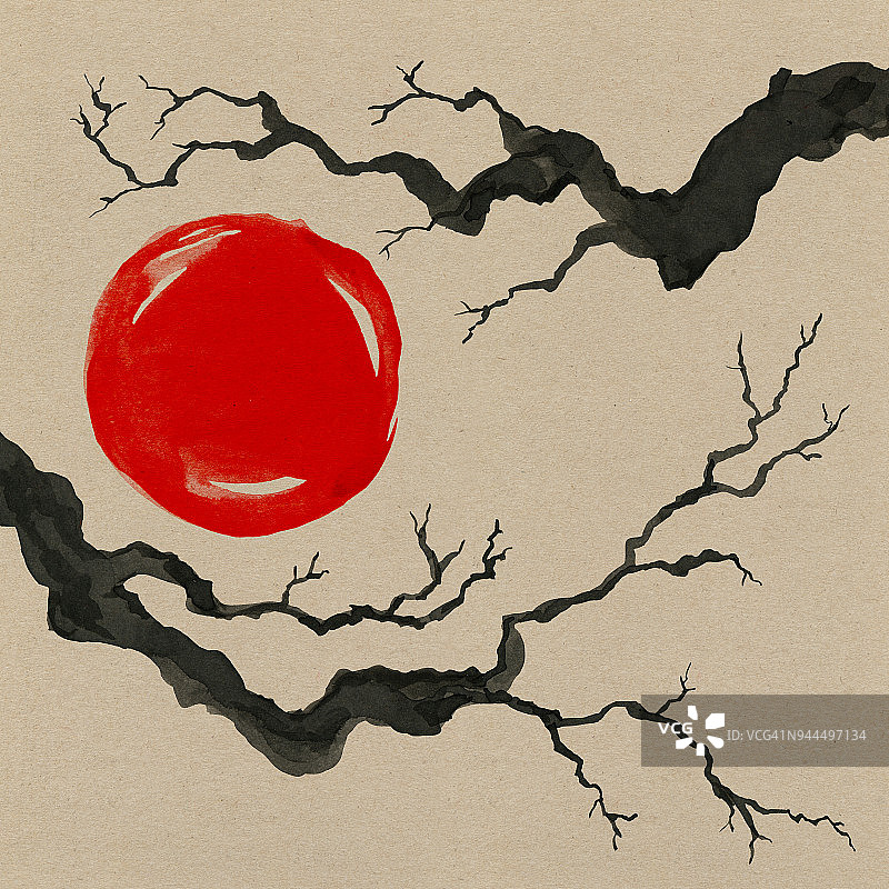 日本风格的树枝。水彩手绘插画图片素材