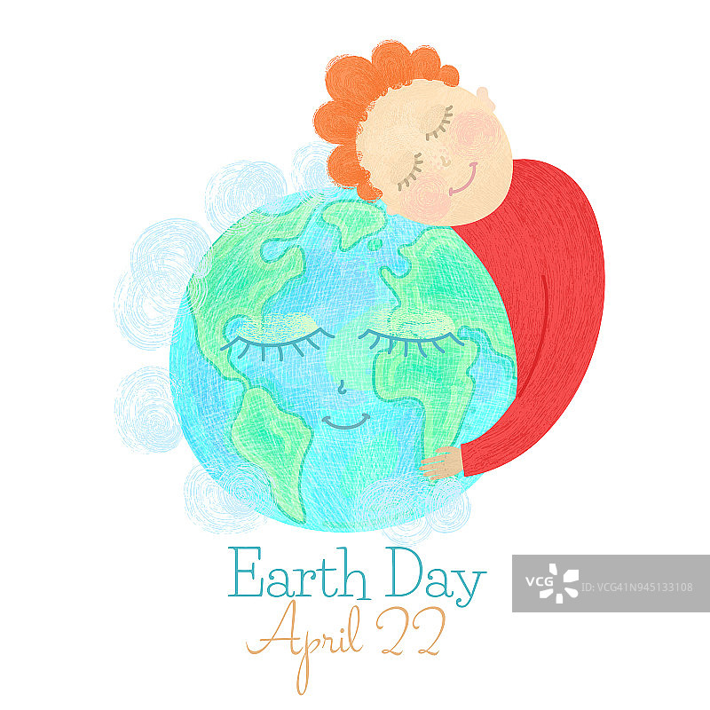 地球日。男人拥抱世界。拯救我们的星球。手绘纹理微笑字符。生态学的概念。生态友好的设计。卡通卡片。横幅，海报，印在衣服上图片素材