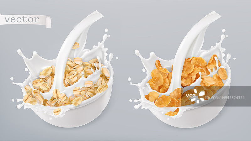 燕麦片和牛奶沫。玉米片。3d现实的矢量图标集图片素材