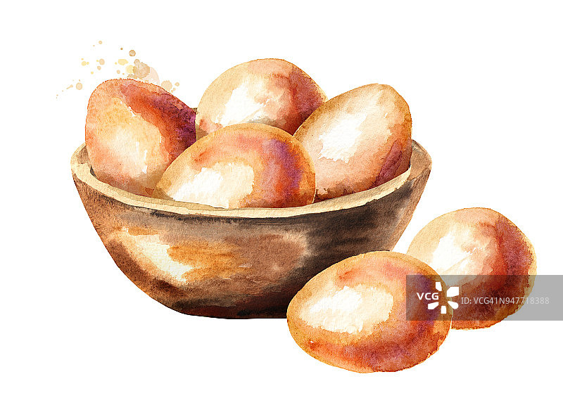 鸡蛋放在木碗里。水彩手绘插图孤立的白色背景图片素材